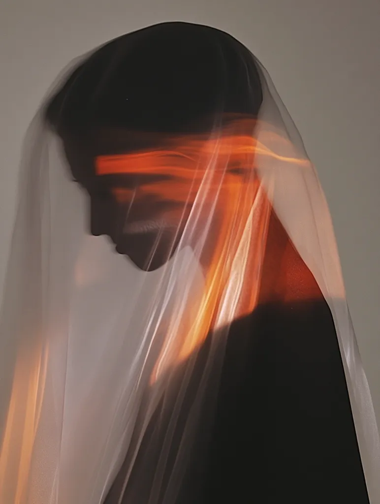 Here's a description of the image:

The photograph features a person, partially obscured by a sheer, flowing veil. The veil drapes elegantly, creating soft folds and a sense of mystery.  Warm, orange light streams through the fabric, illuminating parts of the figure’s face and shoulders, leaving much of them in shadow. The individual's head is slightly bowed, giving an air of contemplation or quietude. The overall effect is artistic and evocative, blending light, shadow, and texture to create a mood of serene introspection.