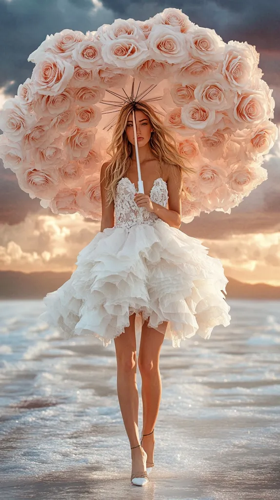 A woman in a short, ruffled white dress walks along a beach, holding a large parasol crafted entirely of pale pink roses.  The dress is layered and has a lace bodice.  Her blonde hair flows loosely. The scene is romantic and dreamy, with a soft, sunset light illuminating the ocean waves. The overall effect is one of ethereal beauty and whimsical elegance.