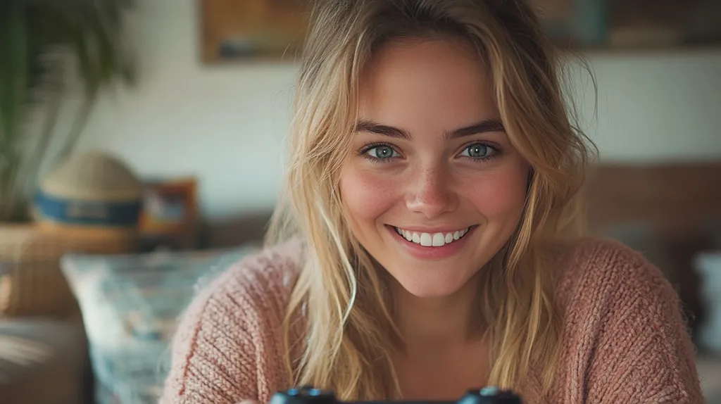 Close-up of a young woman with long blonde hair, smiling brightly. She's wearing a light pink knitted cardigan and appears to be holding a video game controller, partially visible at the bottom of the frame. The background is softly blurred, showing a living room with plants and throw pillows, suggesting a relaxed and comfortable atmosphere.  Her blue eyes and radiant smile are the focal point of the image.
