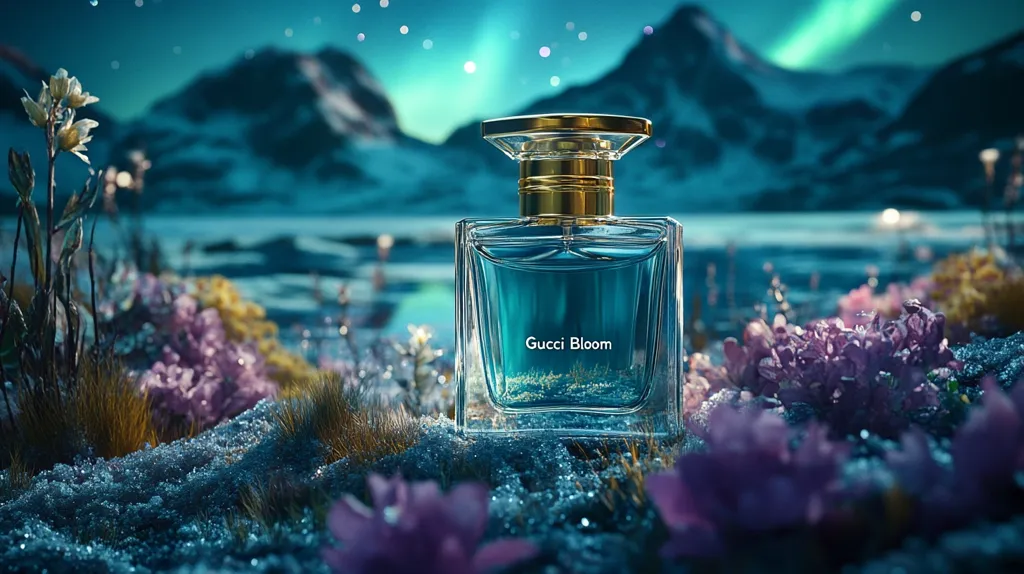 A bottle of Gucci Bloom perfume is showcased in a surreal, wintry landscape. The teal-colored perfume, with a gold cap, sits amidst vibrant purple and yellow flowers dusted with snow.  A tranquil body of water and snow-capped mountains form the backdrop under a starry sky with a faint aurora borealis. The image emphasizes the fragrance's ethereal and magical quality.