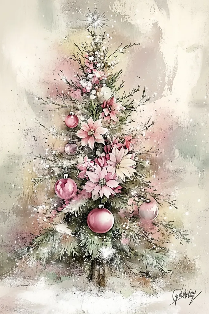 Here's a description of the image:

The artwork depicts a stylized Christmas tree adorned with blush pink ornaments and poinsettias.  The painting style is reminiscent of watercolor, with soft, blended colors and a slightly textured background in muted pinks, creams, and greens.  The tree is dusted with a light snowfall effect, adding to its delicate and romantic aesthetic. The overall mood is serene and festive, conveying a sense of gentle winter beauty. A sparkling star tops the tree, and the artist's signature is subtly placed in the bottom right corner.