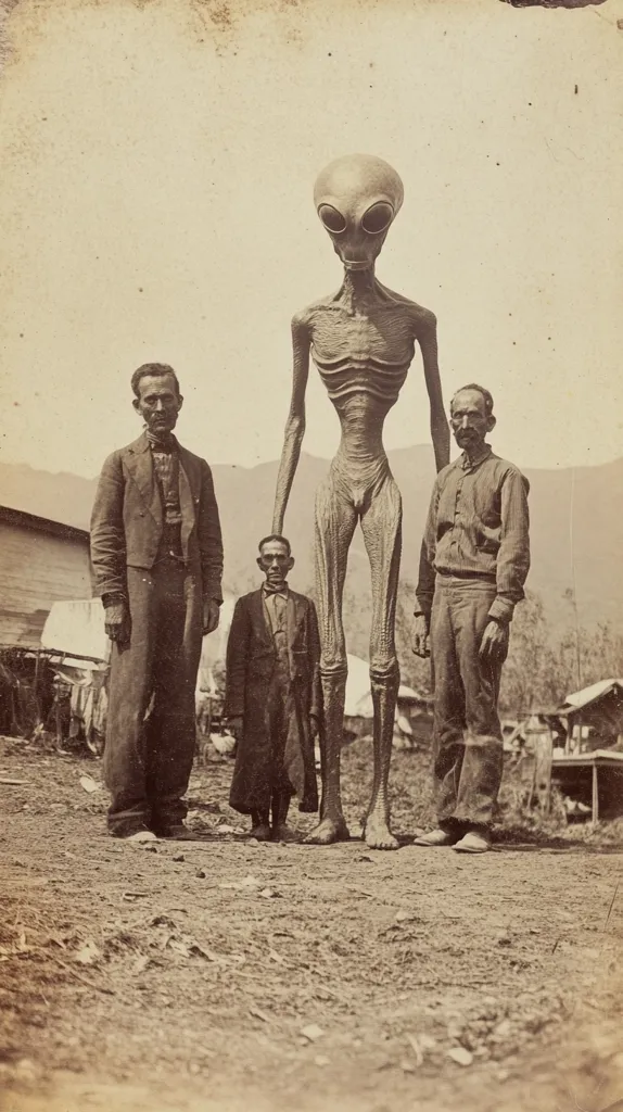 A sepia-toned photograph depicts a tall, slender, grey-skinned humanoid figure standing amidst three men. The humanoid has an elongated head with large, dark eyes, reminiscent of common depictions of extraterrestrials.  The men, dressed in period clothing, appear to be of average height, emphasizing the figure's imposing stature. The background suggests a rural setting with simple buildings and a mountainous landscape. The image's age and style evoke a sense of mystery and historical intrigue, often associated with purported alien encounters.