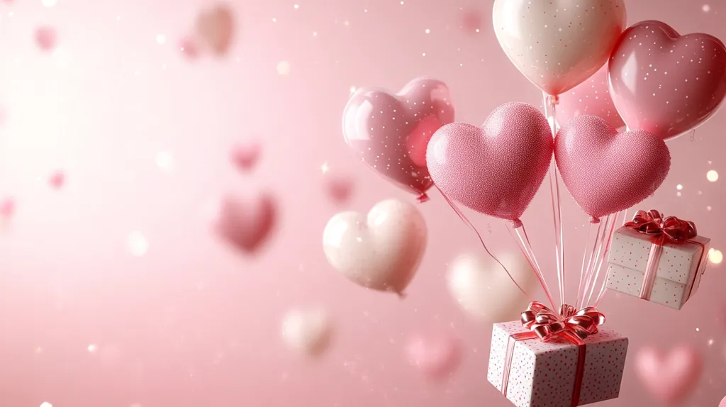 Heart-shaped balloons in varying shades of pink and cream float against a soft pink background, speckled with tiny light points. Two small, similarly patterned gift boxes are attached to the balloons' strings, adding to the romantic, celebratory feel.  The overall image evokes feelings of love and Valentine's Day.  Smaller, out-of-focus heart shapes add depth to the scene.