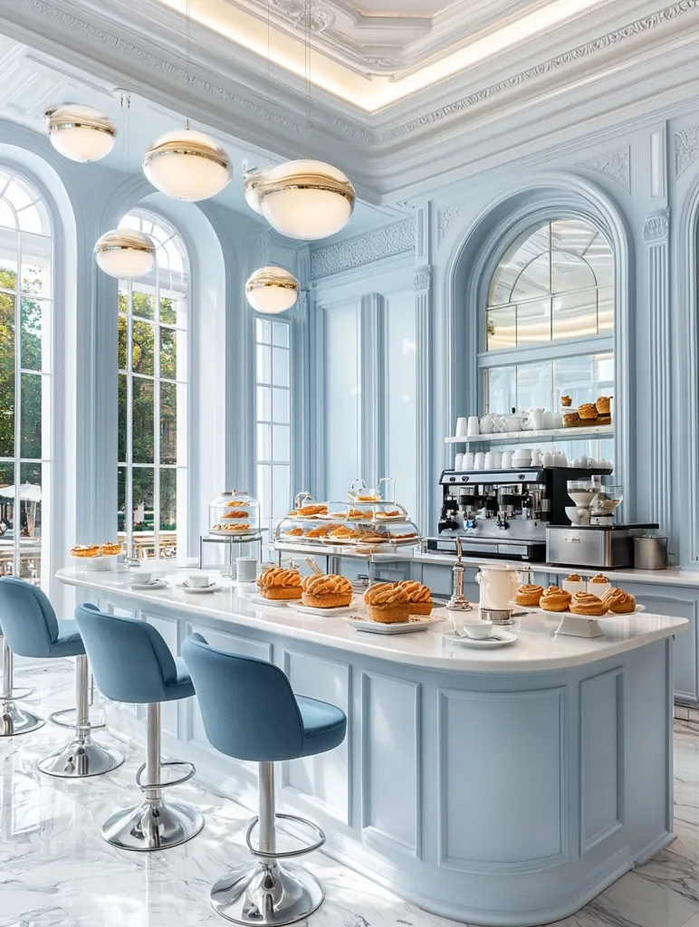Here's a description of the image:

A light blue, elegantly appointed cafe interior features a curved counter showcasing pastries and a coffee machine.  Several blue upholstered bar stools sit at the counter, which is topped with a white marble surface.  Large arched windows let in abundant natural light.  The ceiling is high with ornate molding, and several large, round, metallic pendant lights hang above the counter.  The overall aesthetic is clean, sophisticated, and airy, reminiscent of a Parisian patisserie.