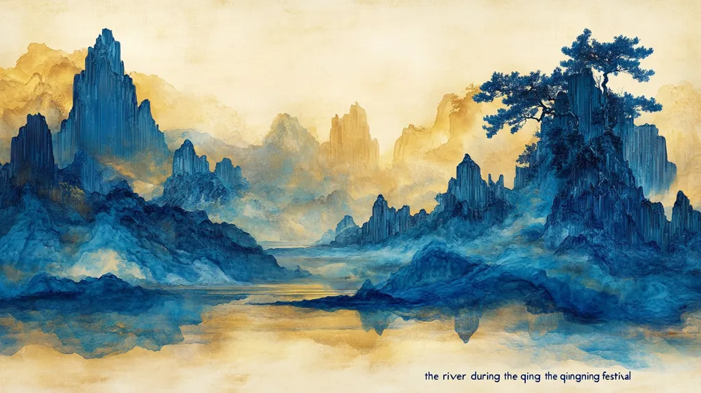 Here's a description of the image:

The artwork depicts a serene river scene during the Qingming Festival.  Steep, sharply defined blue-hued mountains rise from a calm, reflective body of water, their peaks reaching towards a pale gold sky.  A single, dark green pine tree stands prominently atop one of the rocky formations. The overall effect is one of tranquility and ethereal beauty, suggesting a blend of realism and stylized artistic interpretation, evocative of traditional Chinese landscape painting.  The subtle color palette emphasizes the peaceful atmosphere.