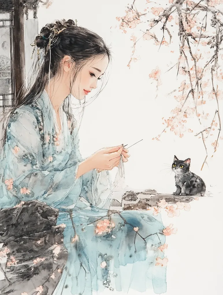 A watercolor painting depicts a serene young woman in flowing, light blue Hanfu, seated and delicately working with thread. Her dark hair is elegantly styled, and she possesses delicate features.  A small, dark cat sits observantly nearby.  Delicate pink blossoms from a nearby tree branch add to the gentle, peaceful atmosphere of the artwork, which employs a soft, ethereal style. The overall impression is one of quiet contemplation and beauty.