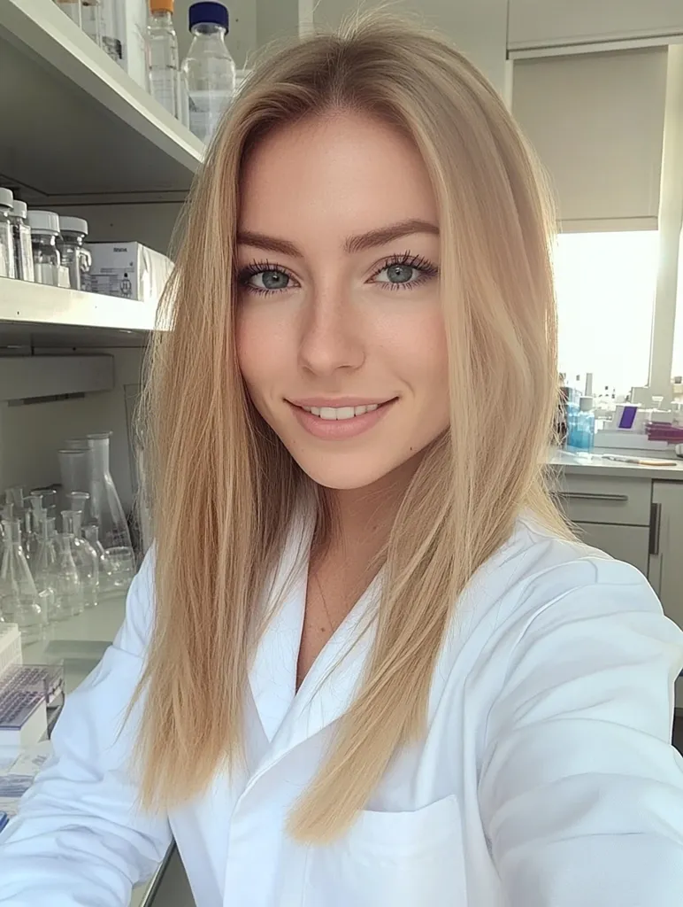 A young woman with long, light blonde hair smiles warmly at the camera.  She's wearing a pristine white lab coat, suggesting a scientific or medical profession.  The background shows laboratory shelves stocked with glassware and containers, reinforcing the setting.  The overall impression is one of youthful attractiveness combined with a professional environment.  The lighting is soft and natural.