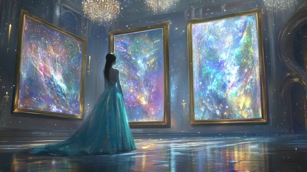 A princess in a teal gown stands in a grand hall, gazing at three large paintings. Each painting depicts a vibrant nebula, swirling with cosmic colors of blues, purples, pinks, and golds. The hall is elegantly decorated with a crystal chandelier and ornate architecture.  The scene is dreamy and ethereal, suggesting a fantastical setting where the princess is captivated by the beauty of the cosmos.  The reflective floor enhances the overall magical atmosphere.