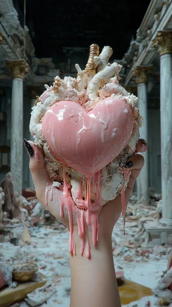 A hand holds a large, sculpted heart. The heart is pink and glossy, dripping with a viscous substance.  It's intricately detailed, appearing to be made of layers of different materials, including what looks like a crumbling, white base with gold accents. The background is a ruined, classical-style interior, suggesting decay or destruction.  The contrast between the delicate, melting heart and the chaotic surroundings creates a striking visual impact.