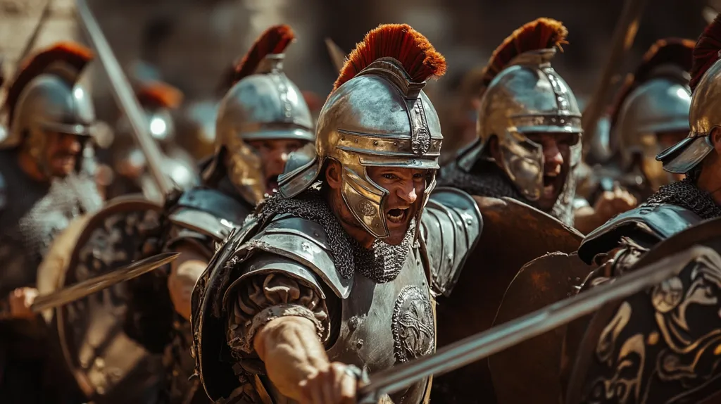 A fierce Roman legionnaire, clad in gleaming armor and a plumed helmet, dominates the foreground.  His face contorted in a battle cry, he wields a gladius, sword slashing across the image.  Surrounding him are fellow legionaries, equally armed and determined, creating a chaotic yet unified front.  Their shields and swords interlock, suggesting the intensity of a close-quarters battle. The scene is gritty and realistic, highlighting the brutal nature of Roman warfare.