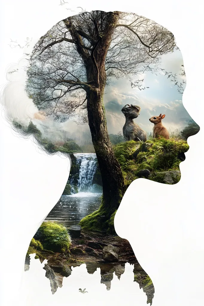 The image is a double exposure photograph or digital art.  The outline of a woman's face in profile forms the frame for a lush landscape. Within the silhouette, a tranquil scene unfolds: a waterfall cascading into a moss-covered stream, a large tree dominating the center, and two small animals—a dog-like creature and a rabbit—resting peacefully.  The overall effect is serene and evocative, suggesting a connection between inner peace and the natural world.  Birds are subtly depicted, adding to the sense of calm and wildness.