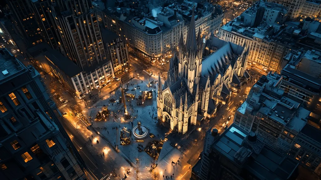 Here's a description of the image:

An aerial nighttime shot reveals a city square dominated by a large, illuminated Gothic church.  Surrounding the church are numerous buildings, their windows glowing with warm light. The streets are lined with cars, and people are visible in the square below.  The overall atmosphere is one of urban elegance and quiet nighttime activity. The image showcases a blend of architectural styles, with the church standing out as a central point of interest against a backdrop of modern skyscrapers. A sense of depth and scale is conveyed through the perspective, highlighting the urban density.  Snow or frost is visible on the ground.