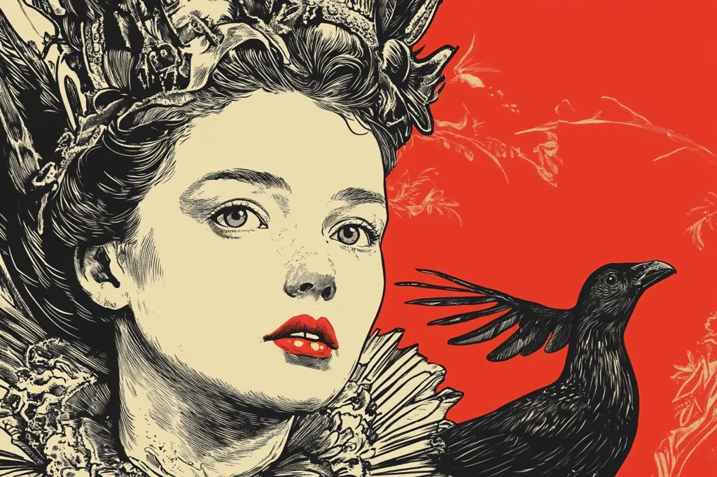 The image is a stylized illustration, possibly a book cover or poster.  A young woman with a crown of intricate, dark designs adorning her hair is depicted in a close-up. Her features are sharp and detailed, rendered in black ink on a cream background, which contrasts against the vibrant red backdrop.  A large black crow, also intricately detailed, is partially visible to the right, adding a dramatic and slightly ominous element to the overall composition. The style suggests a gothic or fantasy theme.