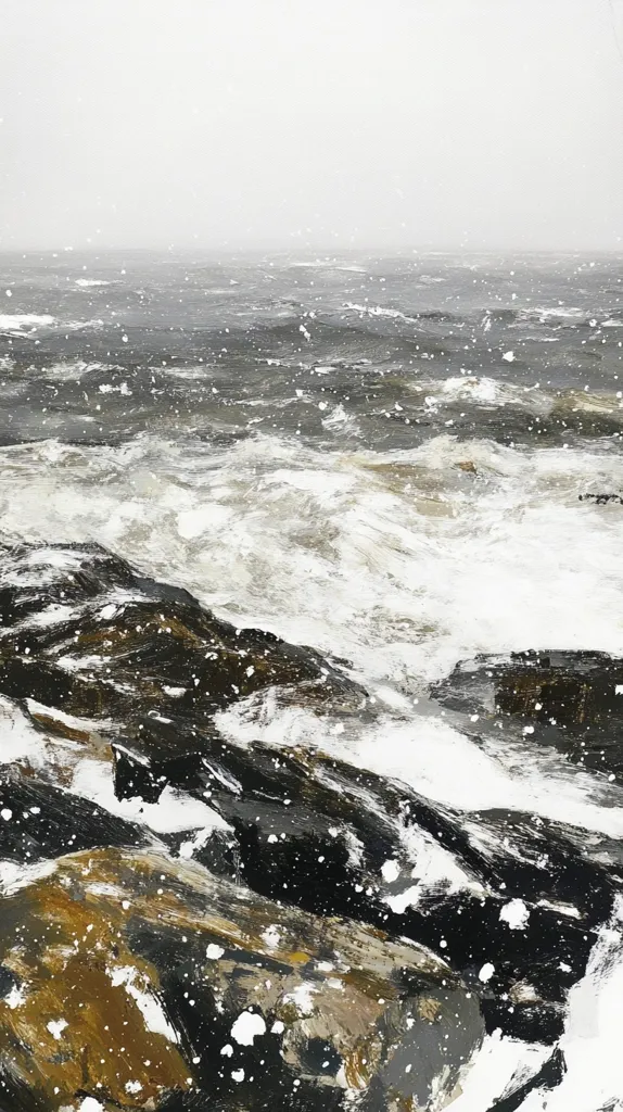 Here is a description of the image:

The painting depicts a stormy seascape under a snowy sky.  Dark, textured rocks dominate the foreground, lashed by white-capped waves.  The ocean extends to a hazy horizon, the entire scene dusted with what appears to be snow or sea spray. The artist uses thick, expressive brushstrokes to create a sense of movement and turbulent weather.  The color palette is muted, predominantly greys, whites, and blacks, with hints of brown and gold in the rocks. The overall mood is one of wild, untamed nature.