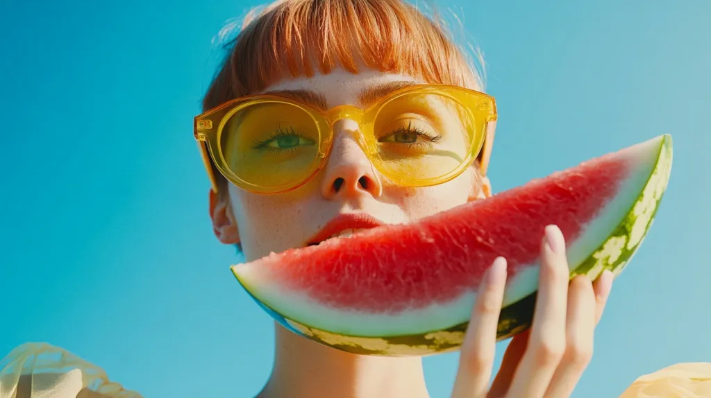 Close-up view of a young woman with short, reddish-blonde hair and bright yellow sunglasses. She's holding a large slice of watermelon to her face, partially obscuring her mouth.  The background is a vibrant blue sky. The overall aesthetic is bright, sunny, and summery, with a playful and slightly whimsical tone. The image is sharply focused, emphasizing the juicy watermelon and the woman's features.