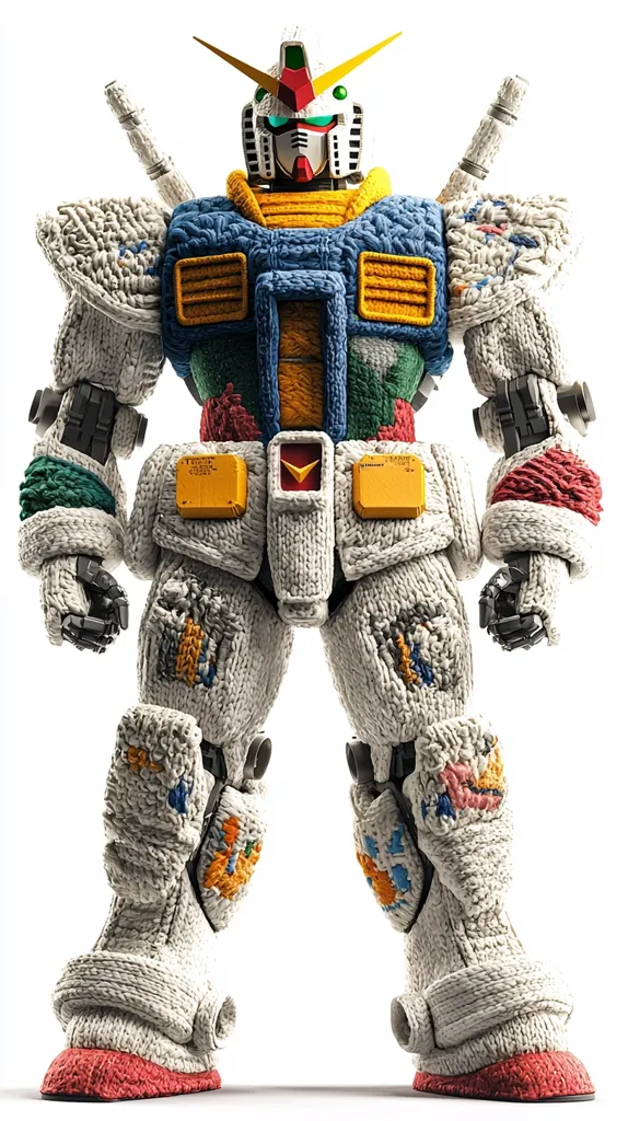 This image depicts a meticulously crafted model of a RX-78-2 Gundam, entirely constructed from knitted yarn. The color scheme faithfully mirrors the original Gundam's iconic design, with whites, blues, yellows, and reds dominating.  Details, such as the head, weapons, and even small accents, are intricately rendered in yarn, creating a unique and charming juxtaposition of high-tech mecha and handmade textile art. The overall effect is both impressive and endearing.