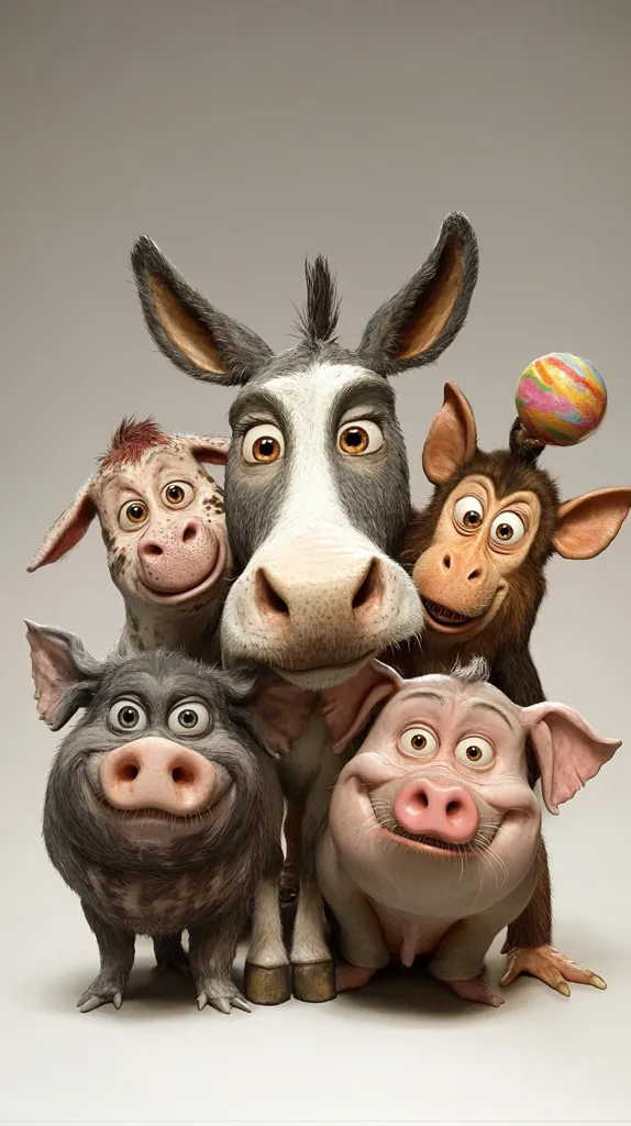 A charming group of cartoon farm animals are huddled together.  A donkey is central, flanked by a pig, a cow, and a monkey balancing a colorful ball on its head.  All the animals have expressive faces, conveying a sense of playful camaraderie. The rendering is highly realistic, giving the animals a soft, textured appearance. Their postures and gazes suggest a friendly and possibly mischievous nature. The neutral background emphasizes the animals' vibrant personalities.