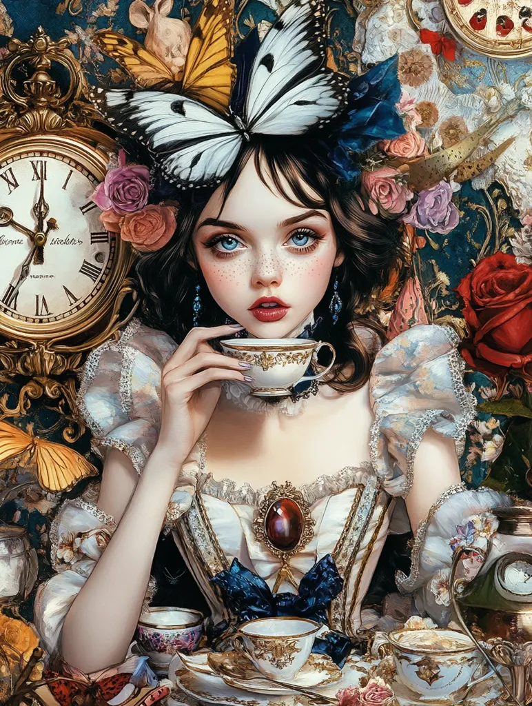 A young woman, styled like a Victorian-era Alice in Wonderland, sits amidst a lavish, whimsical setting.  She delicately holds a teacup, adorned with an ornate gold design.  Large butterflies, roses, and an antique clock surround her, creating a fantastical atmosphere.  Her porcelain-like skin and large eyes add to the dreamy, almost ethereal quality of the portrait.  The detailed dress, rich colors, and intricate background create a captivating and visually stunning image.