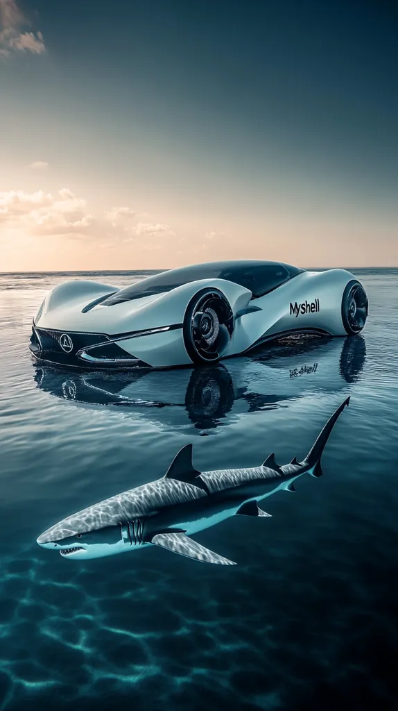 Here's a description of the image:

A sleek, futuristic white sports car, branded "Myshell," floats partially submerged in calm, shallow ocean water.  The car's reflection is visible on the surface. Below, a grey shark swims peacefully, its form subtly contrasted against the darker depths. The sky above is a tranquil blend of pastel sunset hues and clear blue, creating a serene yet striking juxtaposition of land, sea, and futuristic design.