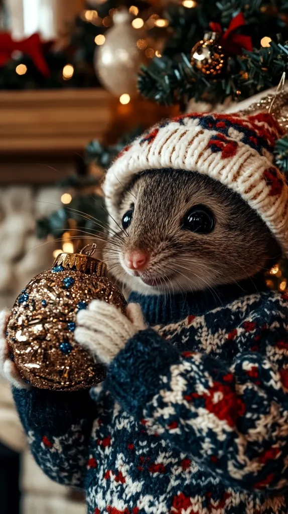 Here's a description of the image:

A charming close-up captures a small rodent, possibly a mouse or hamster, dressed in a festive winter sweater and knitted hat.  The creature is holding a glittering gold Christmas ornament. The background is softly blurred, featuring a decorated Christmas tree with twinkling lights, creating a warm and cozy holiday atmosphere. The rodent's large, expressive eyes add to its endearing charm. The overall image is heartwarming and evokes the spirit of the Christmas season.
