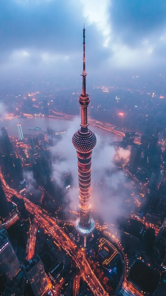 Here is a description of the image:

The image is an aerial, nighttime shot of the Oriental Pearl Tower in Shanghai, China.  The tower, illuminated with warm lights, rises majestically above a sea of low-lying clouds that partially obscure the city below.  The city lights twinkle, creating a vibrant network of roads and buildings that stretch to the horizon. The scene is dramatic and beautiful, highlighting the tower's prominence against the backdrop of a sprawling metropolis.  A river curves gently around a portion of the city. The overall mood is atmospheric and slightly mystical.
