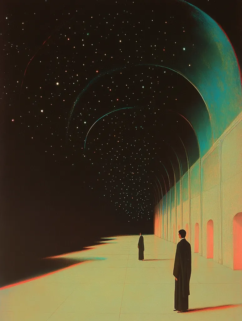 The artwork depicts two figures in long robes, standing at opposite ends of a long, arched hallway. The hallway is bathed in a soft, yellow-green light, while the ceiling curves upward to reveal a dark night sky filled with stars. The arches of the hallway are a muted teal, creating a striking contrast with the warm floor and cool night sky. The overall aesthetic is surreal and dreamlike, suggesting a sense of vastness, mystery, and contemplation.