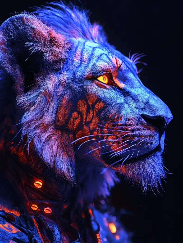 Here's a description of the image:

Close-up profile view of a lion-like creature bathed in vibrant, contrasting neon lighting.  Its fur is predominantly a deep blue, with streaks and markings of fiery orange, giving it a surreal, almost otherworldly appearance.  The creature's intense yellow eyes glow, adding to its powerful presence.  A textured, dark garment or harness adorned with orange accents is visible around its neck and chest, hinting at a fantastical or symbolic context. The background is black, enhancing the neon effect. The overall impression is one of mystical beauty and strength.
