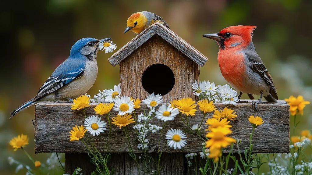 A vibrant scene unfolds with three birds perched around a rustic wooden birdhouse adorned with daisies and yellow wildflowers. A blue jay holds a daisy in its beak, while a yellow bird sits atop the house, and a red bird rests on the weathered wood.  The soft, blurred background enhances the focus on the birds and the charming birdhouse, creating a picturesque, tranquil image.