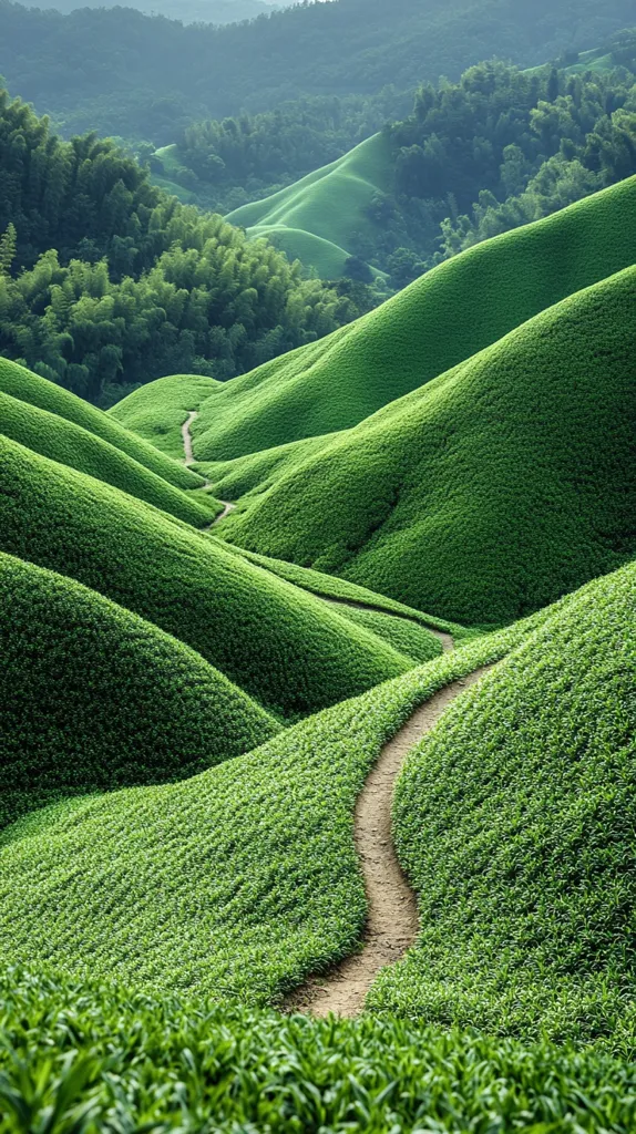 A winding dirt path meanders through lush, rolling green hills.  The vibrant green vegetation covers the landscape, creating a serene and idyllic scene.  In the background, a dense forest of trees adds depth to the image. The soft light suggests either early morning or late afternoon. The overall impression is one of tranquility and natural beauty.