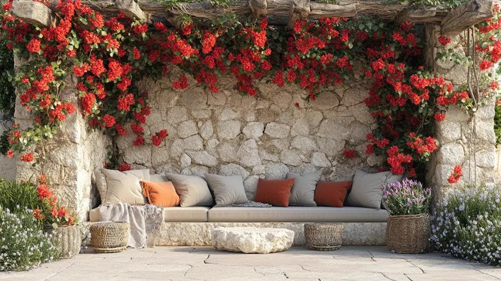 Here is a description of the image:

A stone bench, adorned with plush beige and burnt orange cushions, is nestled within a stone wall alcove. Lush, vibrant red bougainvillea cascades from a rustic wooden pergola overhead, creating a stunning floral canopy.  Potted lavender and other greenery flank the bench, adding to the tranquil, Mediterranean ambiance.  Stone planters and a rough-hewn stone coffee table complete the scene, evoking a sense of peaceful outdoor relaxation.