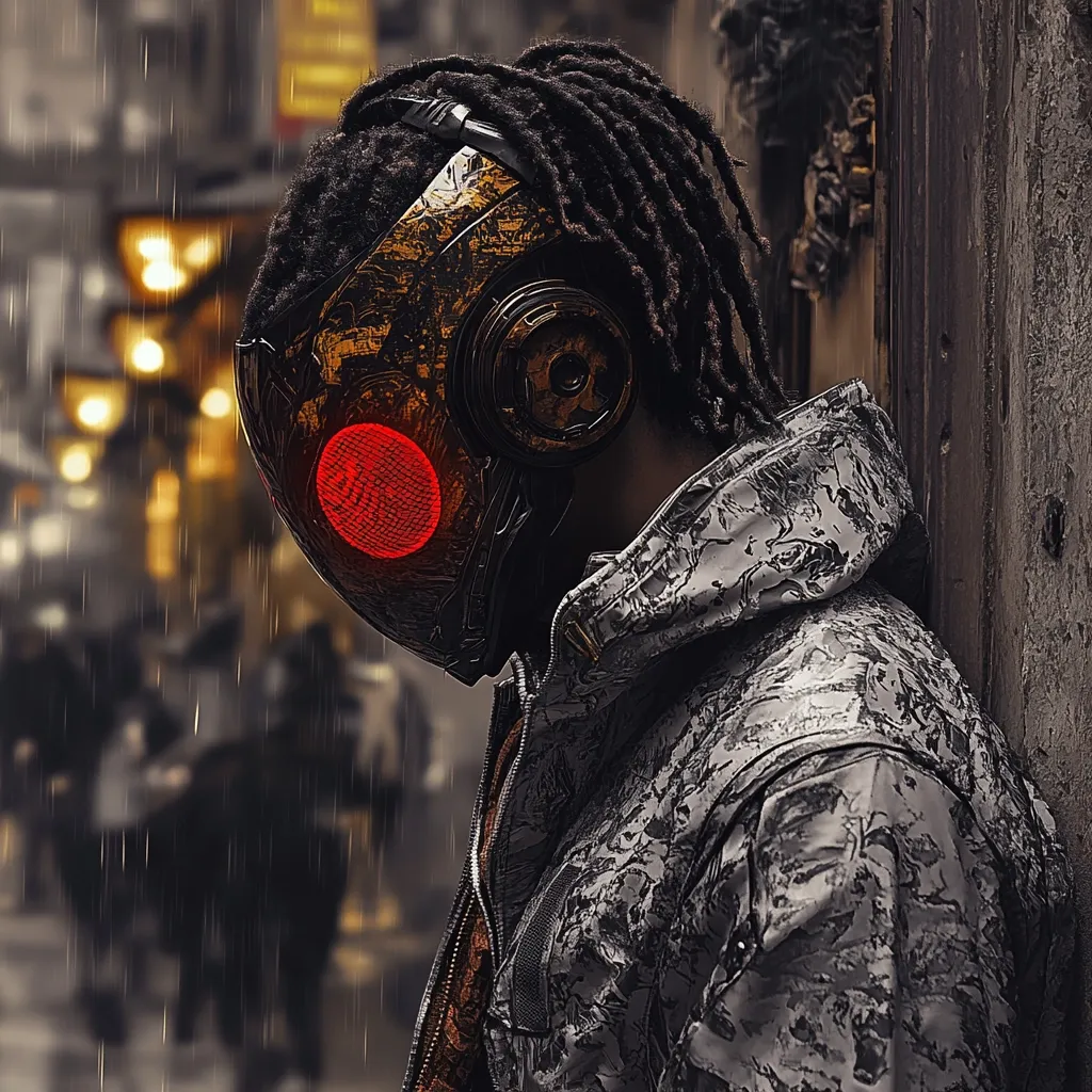 A person with long dreadlocks wears a futuristic, gold and black helmet with a glowing red circular light on the side. The helmet covers the face except for the lower jaw. They are wearing a grey and black, textured jacket and are leaning against a weathered wooden surface. Rain falls in the background, blurring the city lights and indistinct figures into a dark, moody ambiance. The overall tone suggests a cyberpunk or dystopian setting.
