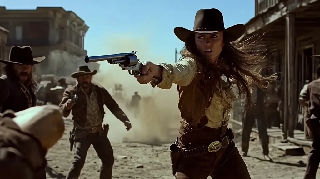 A woman, dressed in period Western attire, including a cowboy hat and gun belt, aims a revolver.  She's positioned centrally, in a dusty, sun-drenched Western town street.  Other figures, both men and women, are visible in the background, some appearing to be involved in a confrontation.  The scene is dynamic, suggesting a gunfight or imminent violence. The overall aesthetic is gritty and cinematic, evoking a classic Western movie.