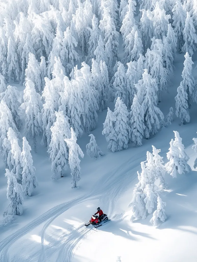 Here's a description of the image:

An aerial view showcases a snowmobiler traversing a snow-covered forest.  The snow-laden evergreen trees are densely packed, their branches heavy with a thick layer of pristine white snow. The snowmobiler, clad in red, is a small figure navigating a winding trail carved through the snowy landscape. Sunlight casts long shadows across the pristine white expanse, enhancing the winter wonderland scene. The overall impression is one of serene solitude and the beauty of a snowy, untouched wilderness.