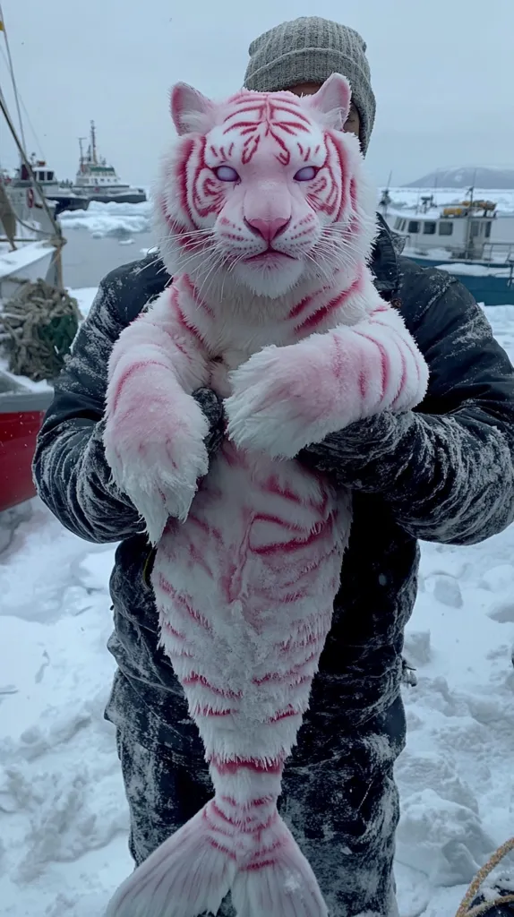 A person bundled in winter clothing holds a whimsical pink and white tiger-mermaid plush toy. The toy features a tiger's head and upper body seamlessly transitioning into a fishtail.  The setting appears to be a snowy, icy waterfront with boats in the background, adding a surreal contrast to the brightly colored toy.  The scene is striking due to the unexpected combination of the cold environment and the fantastical creature.