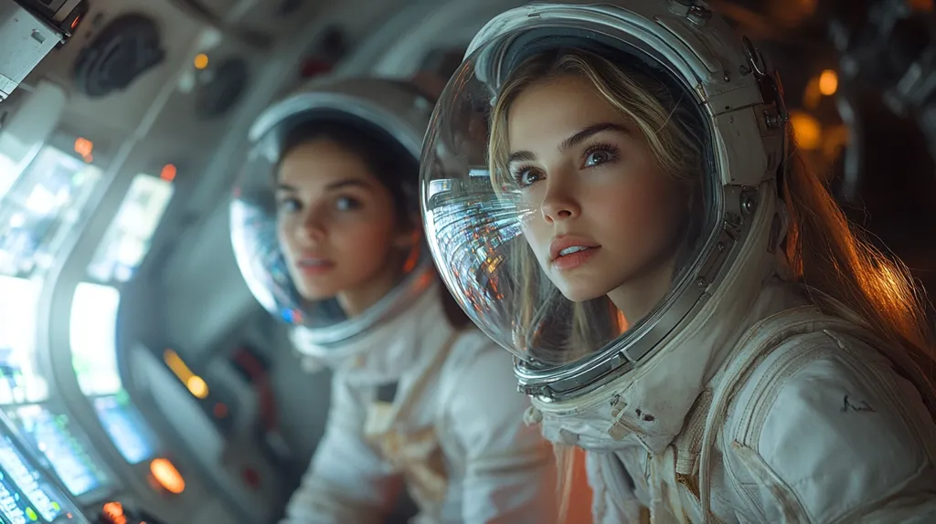 Two female astronauts are shown in a spaceship cockpit.  The astronaut in the foreground is sharply in focus, her blonde hair partially visible from inside her helmet.  Her gaze is directed forward, appearing thoughtful.  The astronaut behind her is slightly out of focus, but her features are still visible.  The interior of the ship is dimly lit, with control panels and displays partially visible in the background.  The overall mood is one of anticipation and perhaps a sense of adventure.