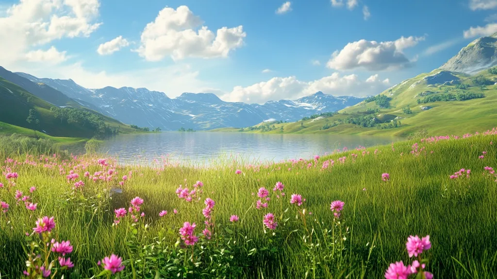 A picturesque landscape unfolds, showcasing a serene lake nestled amidst rolling green hills and majestic snow-capped mountains under a vibrant blue sky dotted with fluffy white clouds.  The foreground is adorned with a vibrant field of blooming pink flowers, adding a touch of delicate beauty to the scene. The overall impression is one of tranquility and natural splendor.