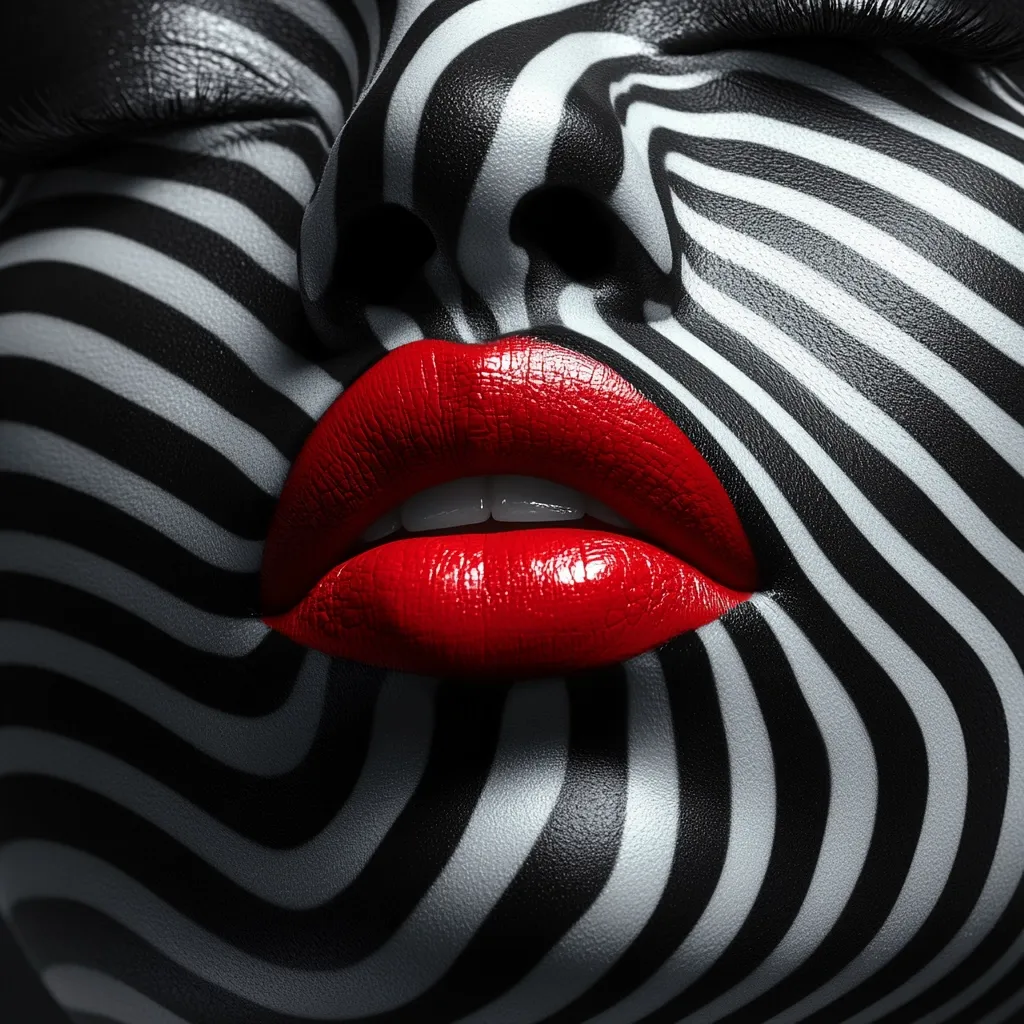Here is a description of the image:

Close-up view of a face adorned with black and white swirling, zebra-like stripes.  The makeup creates a striking optical illusion. The lips are a vibrant, glossy red, providing a strong contrast to the monochrome design on the skin. Eyes are closed, adding to the serene yet dramatic feel. The image is highly stylized and focuses on texture and color contrast.