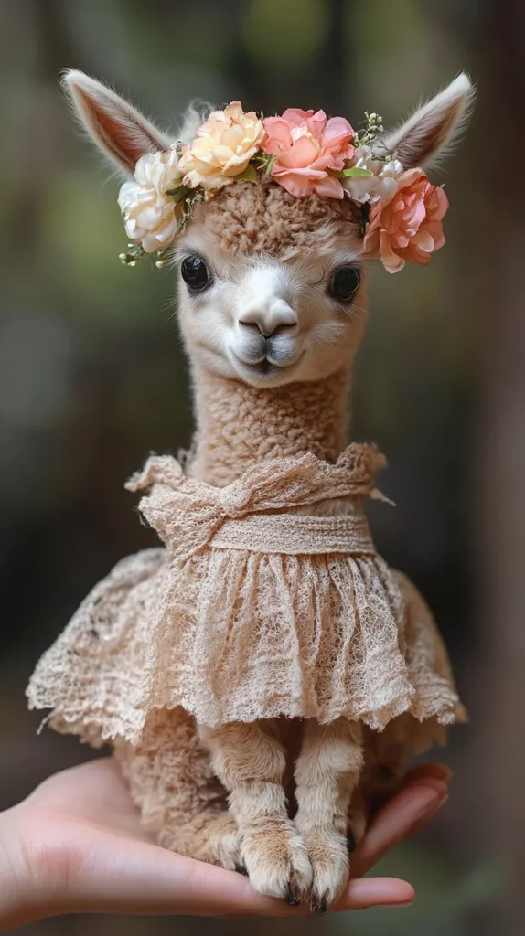 Here is a description of the image:

A baby alpaca, adorable and fluffy, sits on a person's hand.  It wears a delicate, beige lace dress and a charming flower crown made of soft, pastel-colored blooms. The alpaca's expression is sweet and innocent, its large dark eyes gazing directly at the viewer.  The background is blurred, focusing attention on the charmingly dressed animal. The overall impression is one of gentleness and cuteness.