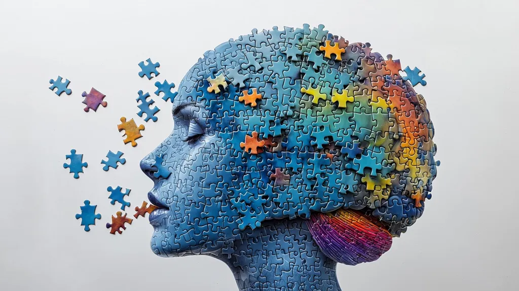 A profile of a woman's head is constructed entirely from jigsaw puzzle pieces, primarily in shades of blue, with accents of orange and yellow.  Some pieces are missing, floating around the head and seemingly emanating from her mouth. The image creates a visual metaphor for mental health, the complexity of the mind, or perhaps the process of self-discovery and piecing together one's identity. The overall effect is both intriguing and slightly unsettling.