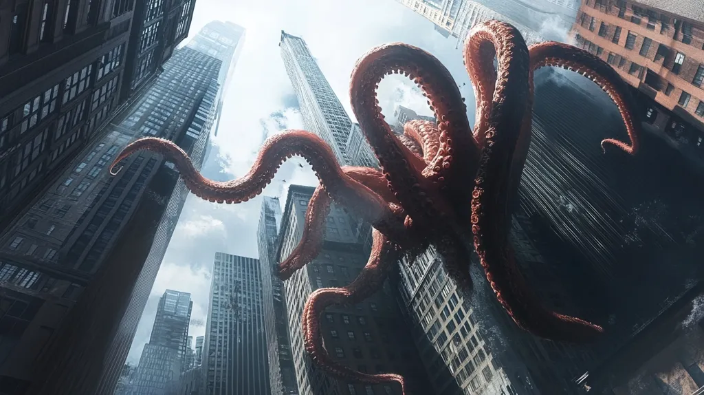 A colossal, reddish-brown octopus looms over a cityscape, its massive tentacles reaching between towering skyscrapers. The perspective is from below, emphasizing the creature's immense size and the vulnerability of the city.  The buildings are rendered in a dark, somewhat gritty style, contrasting with the creature's more vibrant color. The scene suggests a science fiction or fantasy scenario, with the monster potentially posing a significant threat. A sense of awe and impending danger pervades the image.