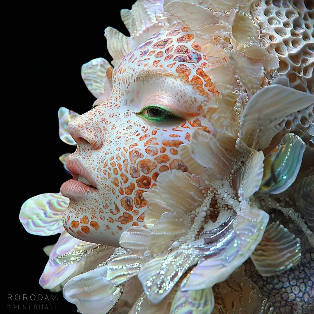 Here's a description of the image:

Close-up view of a stylized female face adorned with intricate makeup and a headdress. The makeup mimics a textured, orange-toned pattern resembling scales or a honeycomb, contrasting with the pale skin.  The headdress is composed of numerous iridescent, shell-like elements, creating a flowing, organic form. The model's green eye stands out against the warm tones.  The overall effect is otherworldly and fantastical, suggesting a sea creature or mythical being. The background is plain black, emphasizing the detail of the subject.  A watermark at the bottom includes "RORODAM" and "BPENTS HALLI".