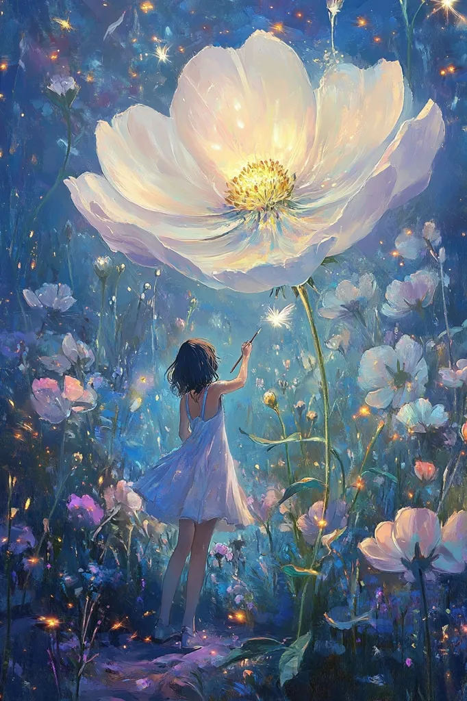 The painting depicts a young girl in a white dress standing amidst a field of luminous flowers under a twilight sky.  A gigantic, glowing white flower dominates the scene, its stem extending from the ground near the girl. She holds a small brush, seemingly painting or adding light to the magical scene.  Sparkling particles float around her and the flowers, adding to the ethereal and whimsical atmosphere. The overall style is dreamlike and fantastical.