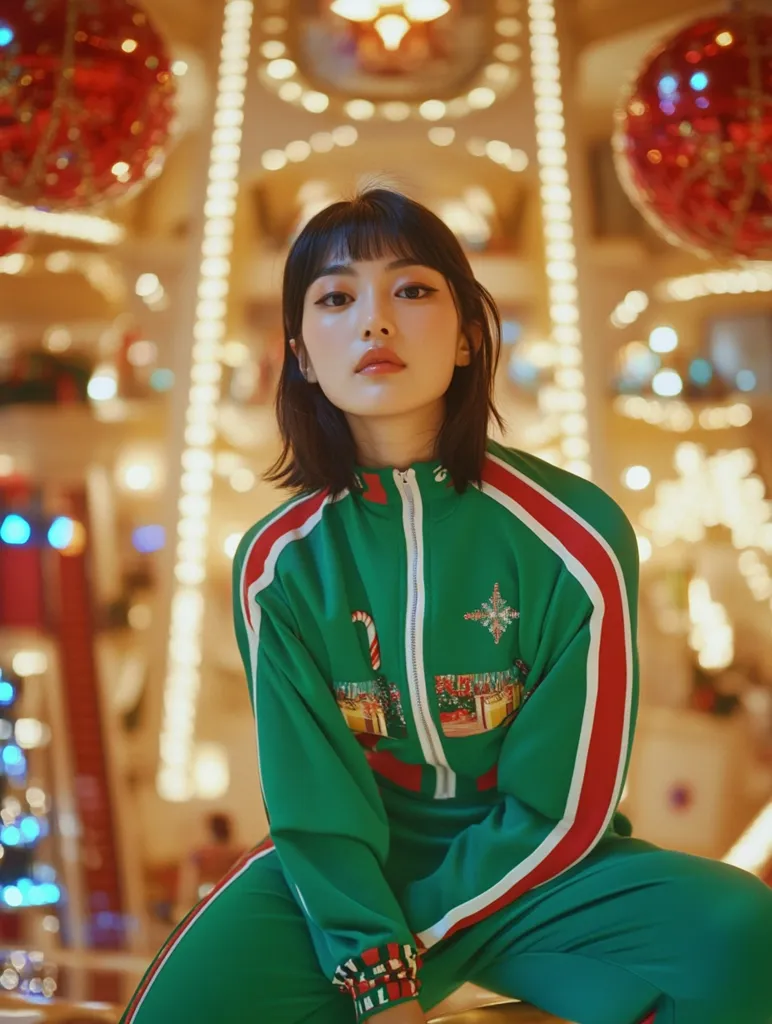 A young woman with dark, blunt bangs and shoulder-length hair poses in a festive green tracksuit.  The tracksuit features red and white stripes and Christmas-themed embellishments.  She sits slightly crouched, gazing directly at the camera.  The background is blurred but shows a brightly lit, possibly indoor, Christmas-themed location with large red ornaments and glittering lights, creating a bokeh effect. The overall mood is stylish and festive.