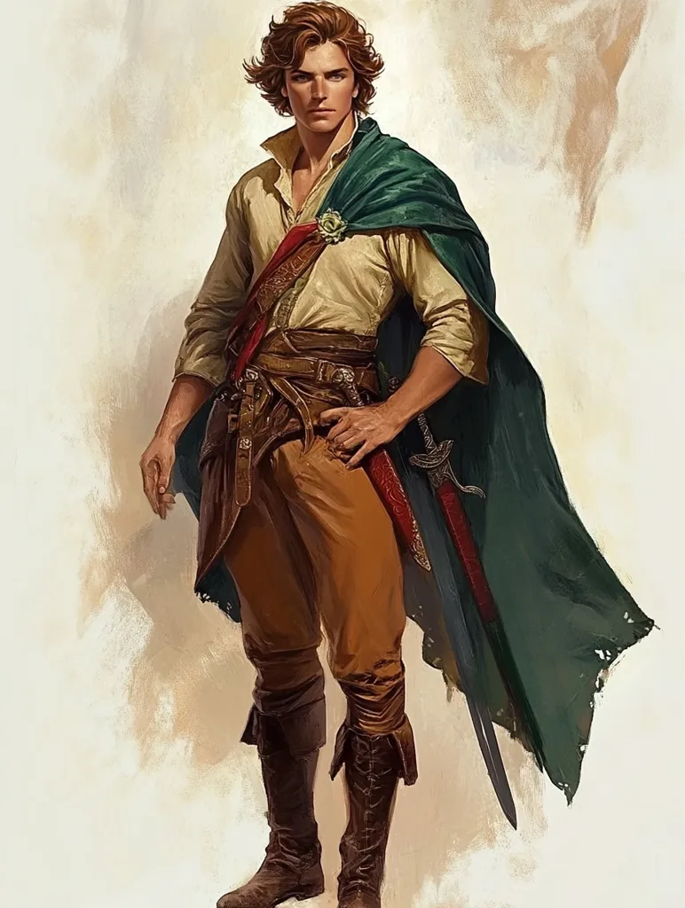 The image depicts a young, fair-skinned man with shoulder-length brown hair, dressed in fantasy attire. He wears a tan tunic, brown pants tucked into brown boots, and a dark green cloak with frayed edges.  A brown leather belt with pouches and a sword are prominent features.  A red sash adds a splash of color to his outfit.  His pose is confident, and his expression is serious. The overall style suggests a character from a fantasy novel or game. The background is a muted beige, focusing attention on the figure.