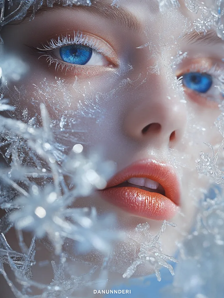 Close-up of a woman's face, partially obscured by delicate, icy snowflake-like formations.  Her vibrant blue eyes and coral lips are striking against her pale skin, which appears frosted. The overall effect is ethereal and wintry, creating a mystical, fantasy-like image.  The artist's signature, "DANUNNDERI," is subtly placed in the bottom center.