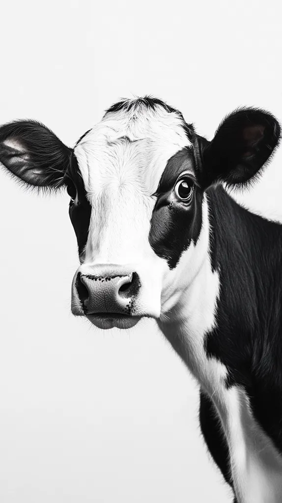 Here's a description of the image:

The photograph is a close-up, black and white portrait of a young, Holstein cow. The cow is positioned slightly off-center, gazing directly at the camera with a large, expressive eye.  Its black and white markings are clearly defined, and the fur texture is visible. The background is pure white, providing a stark contrast and emphasizing the cow's features. The overall mood is one of gentle curiosity, perhaps even a hint of apprehension.