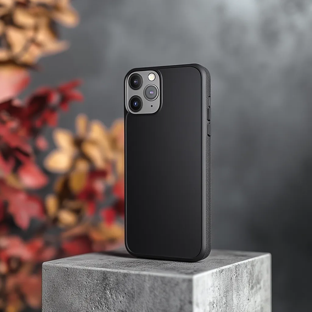 A black iPhone 11 Pro or similar model, encased in a matte black protective case, rests on a textured gray concrete block. The background is blurred, showcasing autumnal foliage in shades of red and brown.  The image's focus is sharply on the phone, highlighting its sleek design and the case's subtle texture. The overall aesthetic is minimalist and modern.