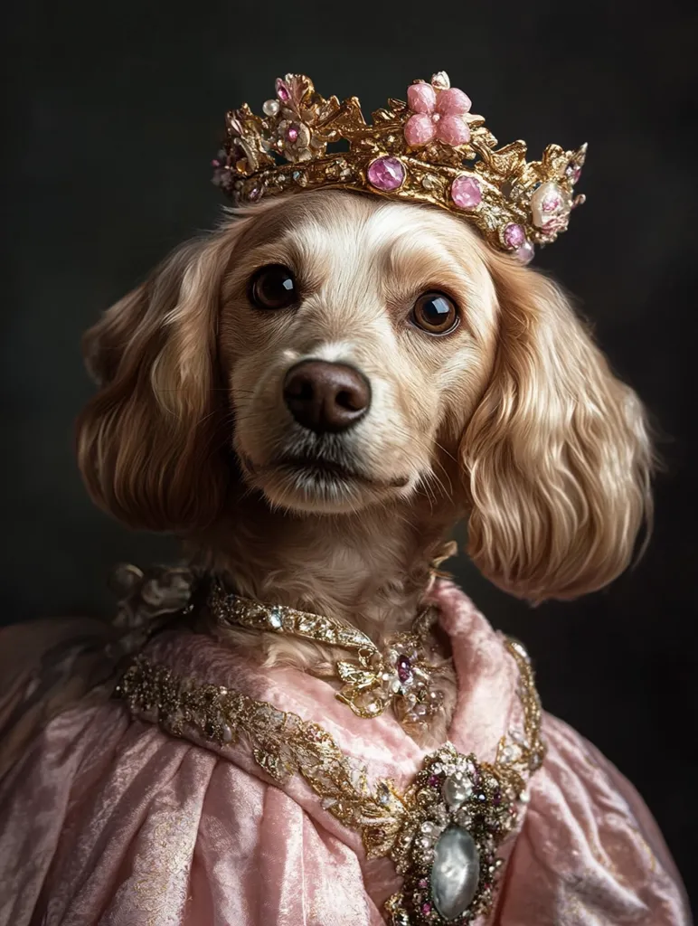 A light brown Cocker Spaniel dog is elegantly dressed in a pink velvet robe adorned with gold embroidery and jeweled embellishments.  A delicate gold crown, studded with pink and clear gemstones, rests atop its head. The dog's expression is regal and serene, creating a whimsical portrait reminiscent of a royal pet. The dark background enhances the rich colors of the costume and the dog's fur.  The overall image is carefully styled and photographed, suggesting a playful yet sophisticated artistic interpretation.