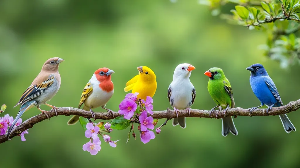 Five vibrantly colored birds perch on a slender branch adorned with delicate pink blossoms.  The birds, each a different hue—brown, red and white, yellow, white, green, and blue—are arranged in a line against a soft green background. The scene evokes a sense of tranquility and the beauty of nature's diverse palette.  The image is sharply focused, highlighting the birds' intricate plumage and the flowers' delicate texture.