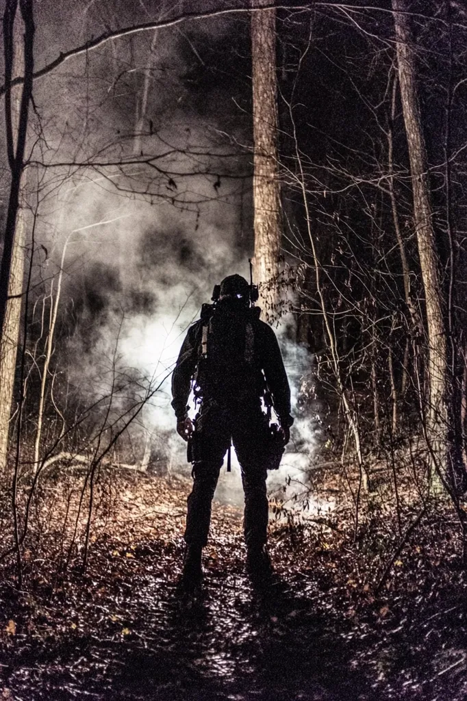 Here's a description of the image:

The photograph is a dark, atmospheric shot of a lone figure, heavily equipped and silhouetted against a backdrop of a moonless night in a dense forest.  Smoke or fog swirls around the figure's legs, adding to the mysterious and somewhat ominous mood. The person is wearing tactical gear, including a backpack and what appears to be a helmet or head covering.  The trees are bare, suggesting a late autumn or winter setting. The overall feeling is one of secrecy, possibly military or paramilitary activity. The image emphasizes darkness, shadows, and a sense of isolation.
